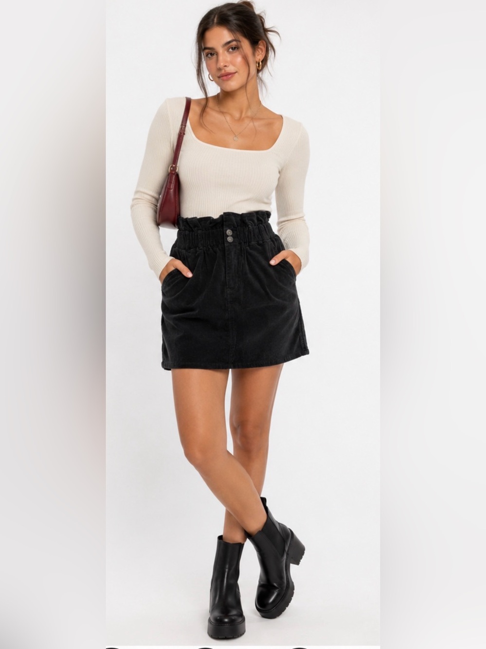 Shinestar Black Corduroy Paperbag Waist Mini Skirt Size L NWT